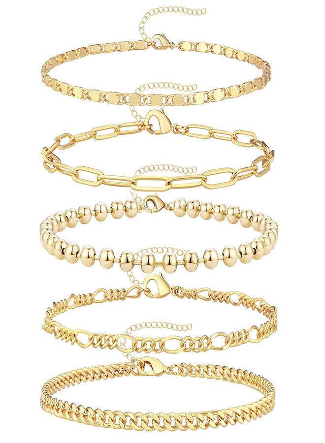 Gokeey Dainty 14K Real Gold Plated Bracelets Set for Women，Stackable Beaded Cuban Chain Link Layered Gold Bracelet for Women Trendy Gold Jewelry 5pcs - Image 1